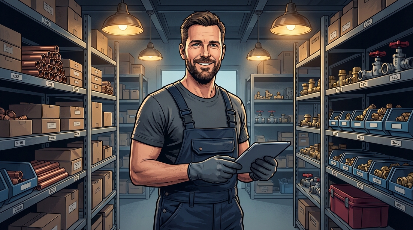Handwerker mit Tablet im organisierten Lager