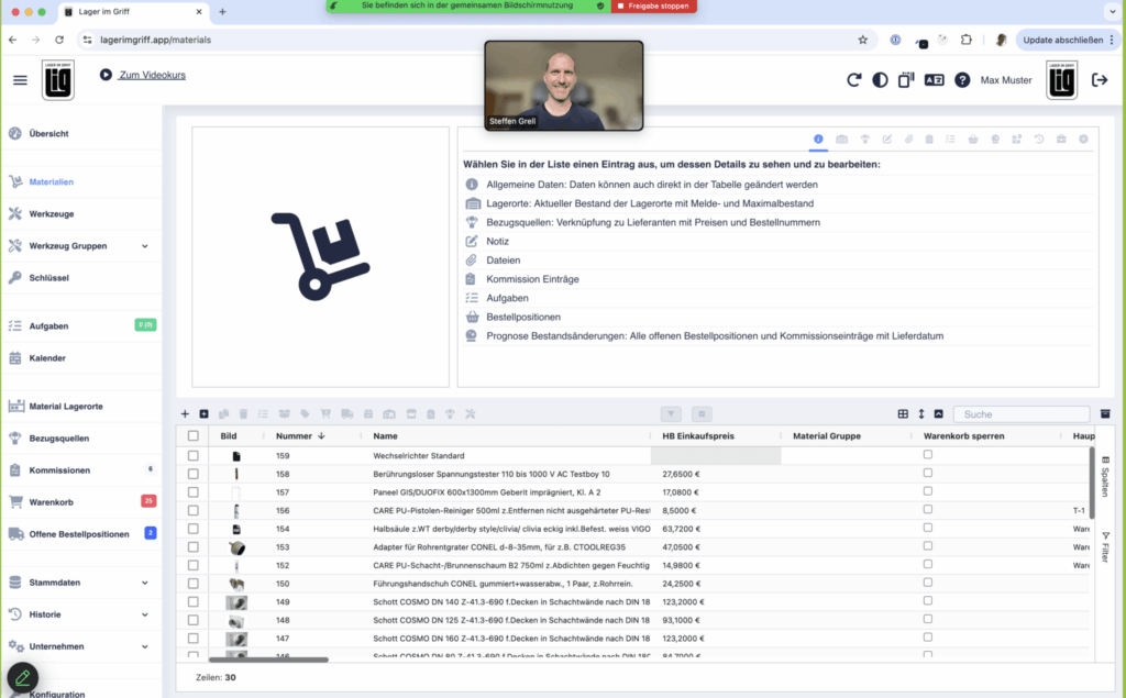 Lagerverwaltung, Webinar, Materialien, Bestellübersicht, Software.