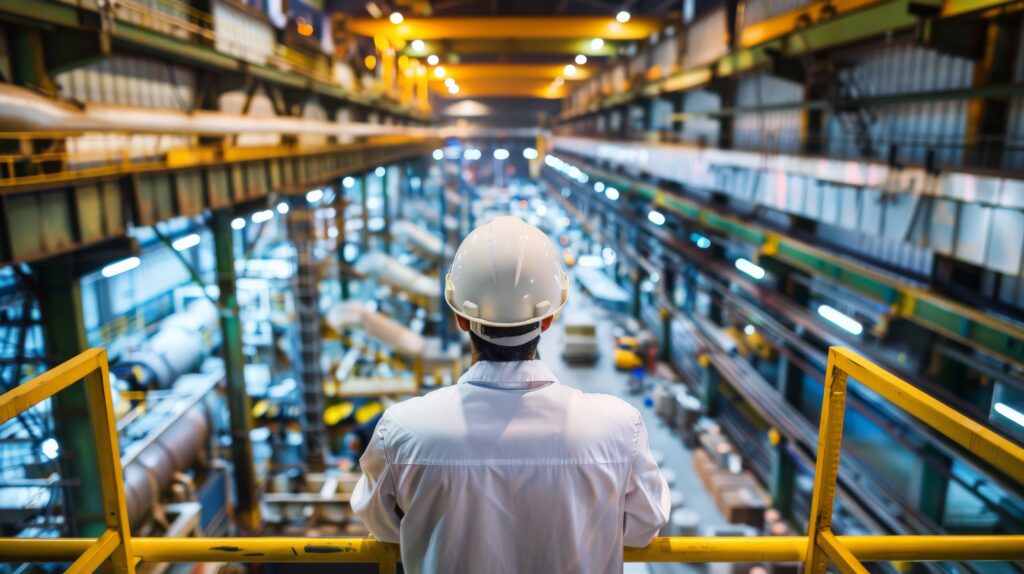 Ingenieur überblickt moderne Fabrikhalle.